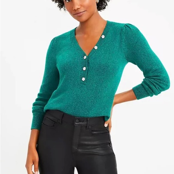 LOFT Green V-Neck Sweater with Button Details - Picture 2 of 6